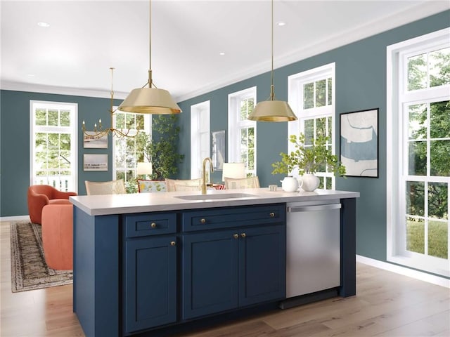 705 Bower St, Cranberry Twp, PA 16066 - kitchen featuring dishwasher, blue cabinets, light countertops, a kitchen island with sink, and healthy amount of natural light