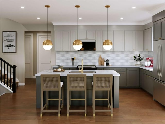 3500 Unionville Rd Bromley, Bromley, Cranberry Twp, PA 16066 - kitchen with gray cabinetry, stainless steel refrigerator, light countertops, decorative backsplash, and recessed lighting