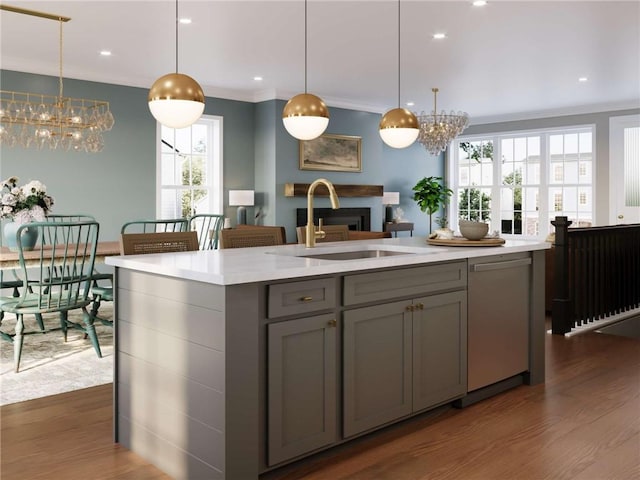 3500 Unionville Rd Bromley, Bromley, Cranberry Twp, PA 16066 - kitchen featuring a chandelier, gray cabinetry, stainless steel dishwasher, dark wood-style flooring, and ornamental molding