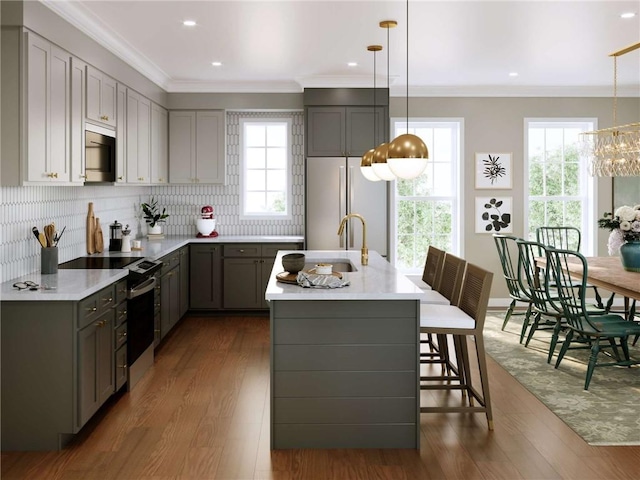 3500 Unionville Rd Bromley, Bromley, Cranberry Twp, PA 16066 - kitchen featuring appliances with stainless steel finishes, gray cabinets, dark wood-style flooring, crown molding, and recessed lighting