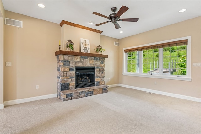 416 Willow Ct, Allegheny Twp, PA 15613 - carpeted living room with a fireplace, recessed lighting, and a ceiling fan