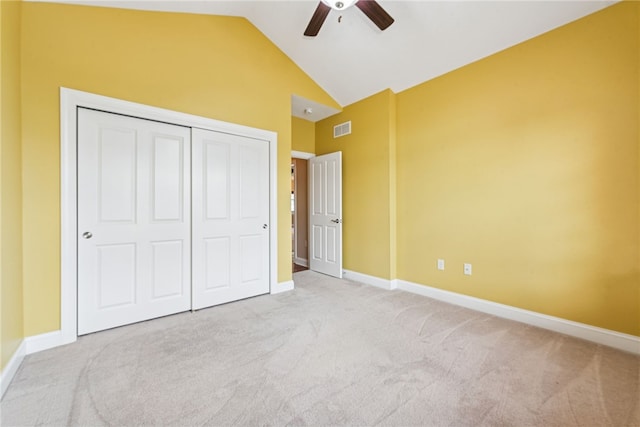 416 Willow Ct, Allegheny Twp, PA 15613 - unfurnished bedroom featuring light colored carpet, a closet, ceiling fan, and high vaulted ceiling