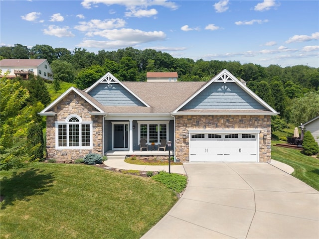 416 Willow Ct, Allegheny Twp, PA 15613 - craftsman-style home featuring stone siding, a front lawn, a porch, concrete driveway, and a garage