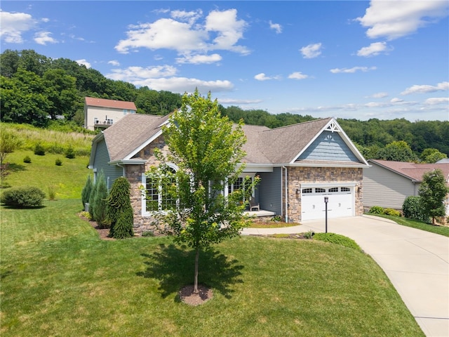 416 Willow Ct, Allegheny Twp, PA 15613 - view of front of property featuring stone siding, concrete driveway, a front lawn, roof with shingles, and a garage