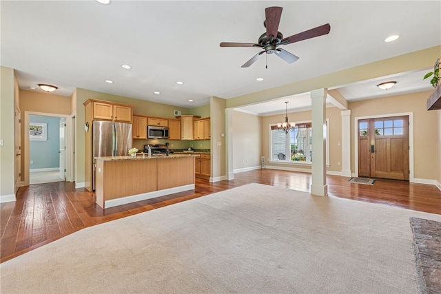 416 Willow Ct, Allegheny Twp, PA 15613 - kitchen featuring ornate columns, open floor plan, appliances with stainless steel finishes, a chandelier, and recessed lighting