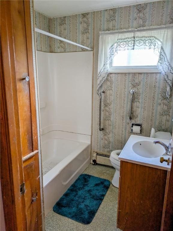 308 E Highland Ave, Ebensburg, PA 15931 - bathroom with wallpapered walls, a baseboard radiator, vanity, and shower / washtub combination