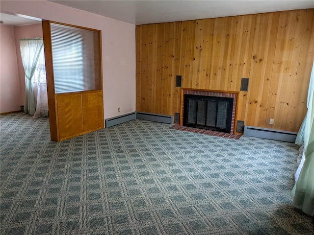 308 E Highland Ave, Ebensburg, PA 15931 - unfurnished living room with baseboard heating, carpet flooring, wooden walls, and a brick fireplace
