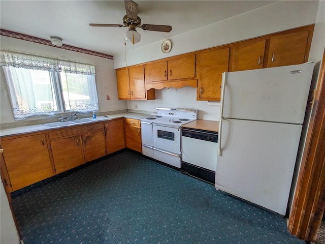 308 E Highland Ave, Ebensburg, PA 15931 - kitchen featuring white appliances, brown cabinets, light countertops, and a ceiling fan
