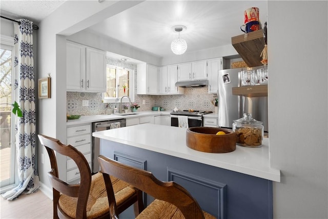 507 Sewickley Heights Dr, Aleppo, PA 15143 - kitchen with stainless steel appliances, under cabinet range hood, a kitchen breakfast bar, and backsplash