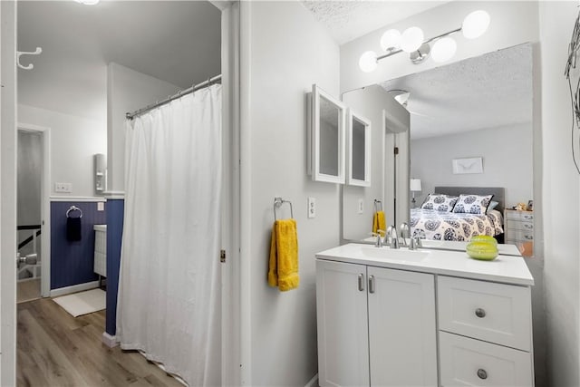 507 Sewickley Heights Dr, Aleppo, PA 15143 - ensuite bathroom with vanity, wood finished floors, a textured ceiling, a wainscoted wall, and a shower with curtain