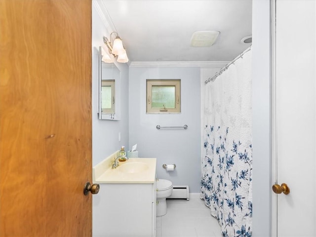 119 Abington Dr, Mt Lebanon, PA 15216 - full bathroom featuring baseboard heating, vanity, crown molding, tile patterned flooring, and a shower with shower curtain