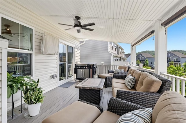 306 Helenium Dr, Adams Twp, PA 16046 - wooden deck with outdoor lounge area, ceiling fan, a grill, and a residential view