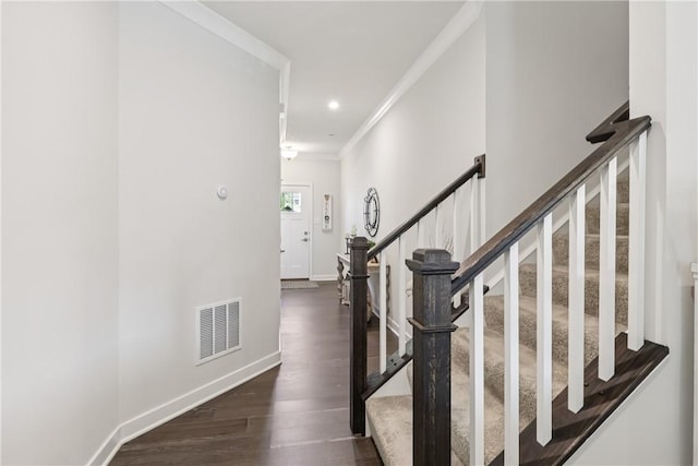 306 Helenium Dr, Adams Twp, PA 16046 - stairs featuring ornamental molding, wood finished floors, and recessed lighting