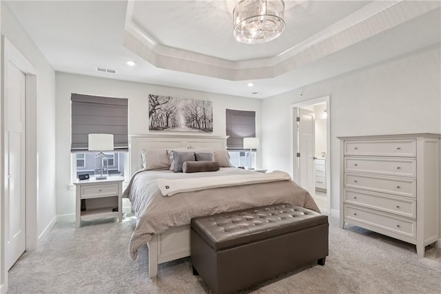 306 Helenium Dr, Adams Twp, PA 16046 - bedroom with light carpet, a chandelier, recessed lighting, ensuite bath, and a raised ceiling