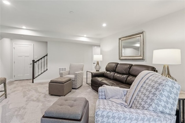 306 Helenium Dr, Adams Twp, PA 16046 - living area with stairs, light carpet, and recessed lighting