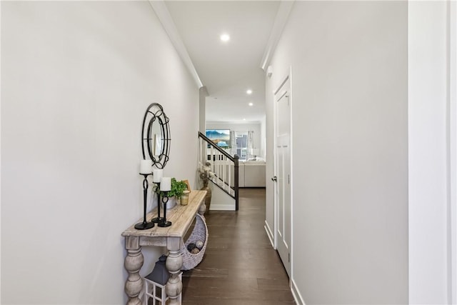 306 Helenium Dr, Adams Twp, PA 16046 - hall with ornamental molding, dark wood-style floors, stairway, and recessed lighting