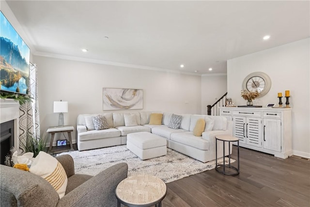 306 Helenium Dr, Adams Twp, PA 16046 - living area featuring dark wood-type flooring, recessed lighting, crown molding, a fireplace, and stairway