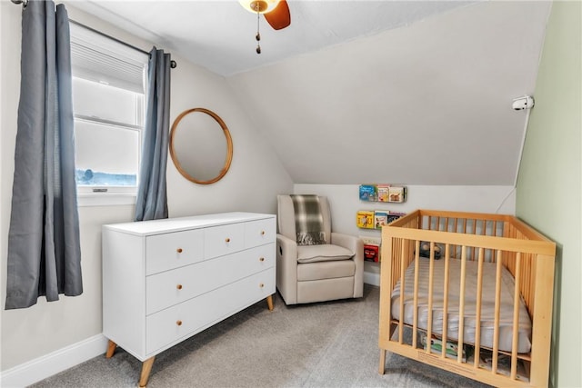 203 Stoney Hollow Rd, Winfield Twp, PA 16023 - bedroom with lofted ceiling, carpet, a nursery area, and a ceiling fan