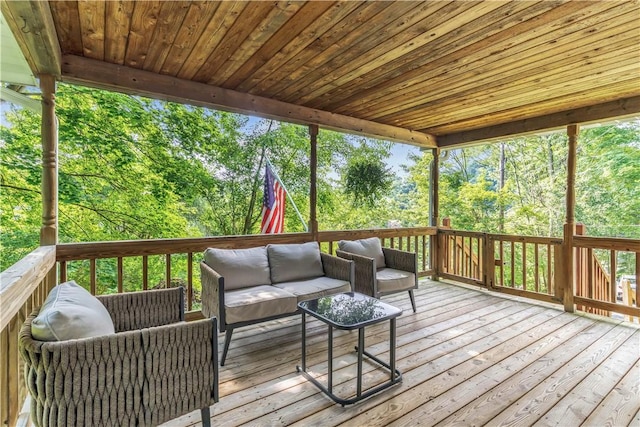 203 Stoney Hollow Rd, Winfield Twp, PA 16023 - wooden terrace with an outdoor hangout area and view of scattered trees