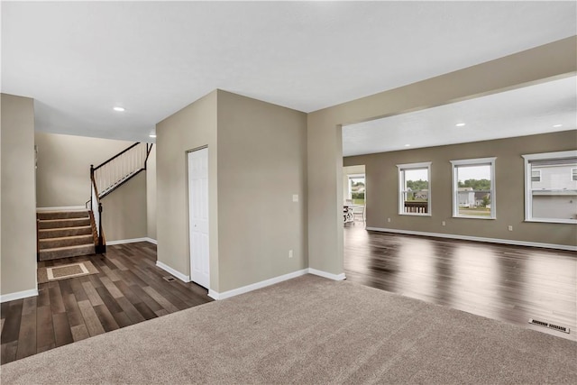 115 Cottonwood Dr, Brighton Twp, PA 15009 - spare room with wood finished floors, stairway, recessed lighting, and carpet flooring