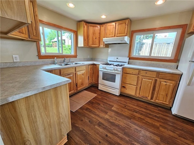 596 Beech St, City Of Washington, PA 15301 - kitchen with white appliances, under cabinet range hood, healthy amount of natural light, dark wood finished floors, and recessed lighting