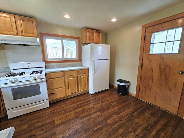 596 Beech St, City Of Washington, PA 15301 - kitchen with white appliances, under cabinet range hood, light countertops, dark wood-type flooring, and healthy amount of natural light
