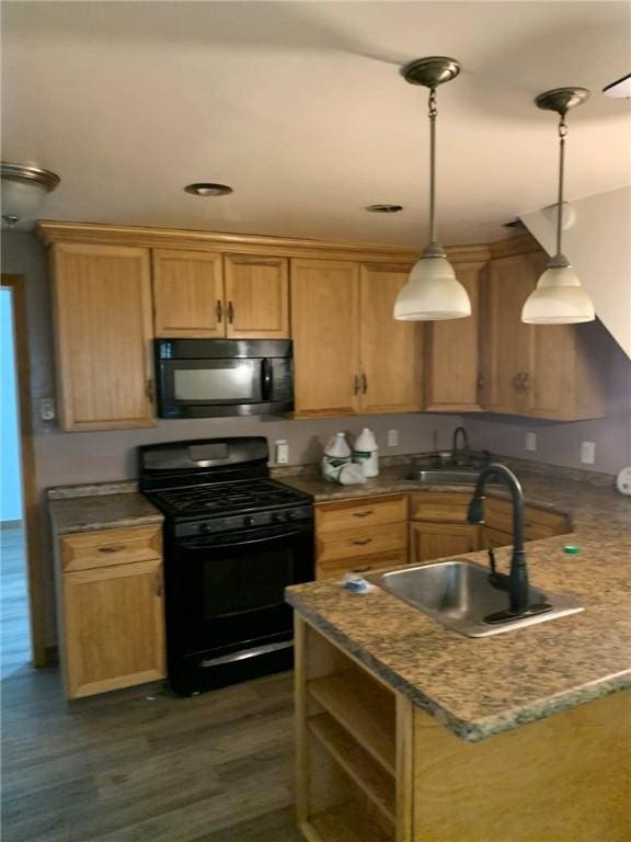1309 Denise St, Overbrook, PA 15210 - kitchen with black appliances, pendant lighting, dark wood-style floors, open shelves, and a peninsula