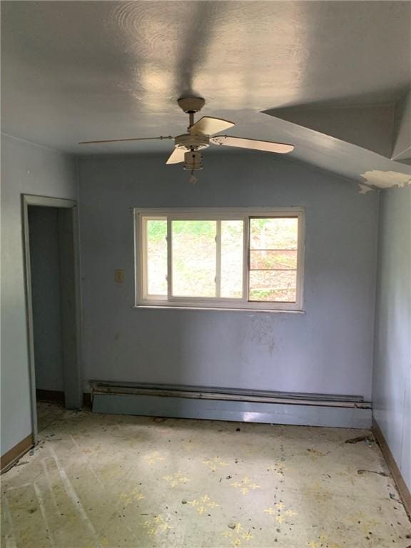 1309 Denise St, Overbrook, PA 15210 - unfurnished room featuring ceiling fan, a baseboard heating unit, and lofted ceiling