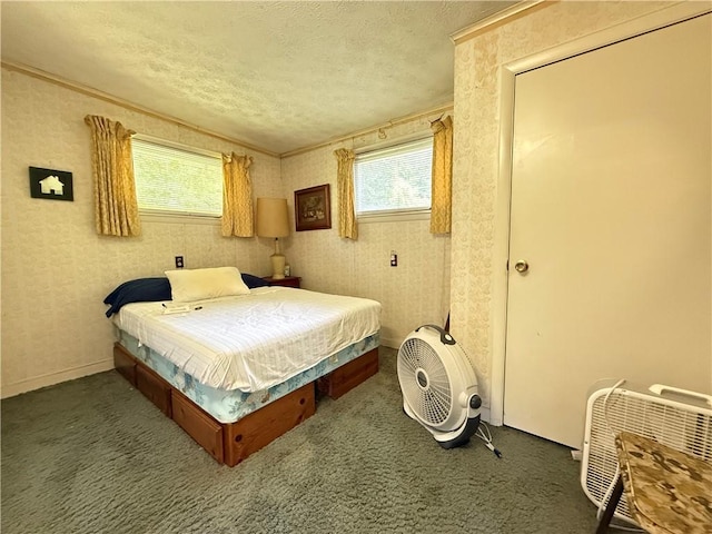 3067 N 3rd St, Jamestown, PA 16134 - bedroom featuring ornamental molding, a textured ceiling, wallpapered walls, and carpet floors