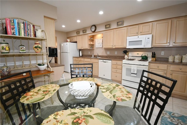 1065 Duncan Ln, Whitehall, PA 15236 - kitchen with white appliances, open shelves, light brown cabinetry, light tile patterned floors, and recessed lighting