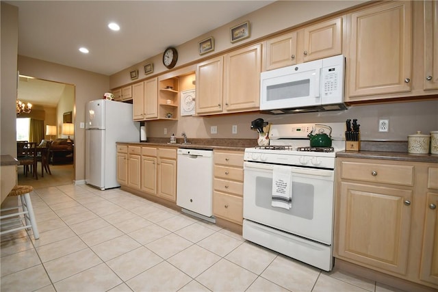 1065 Duncan Ln, Whitehall, PA 15236 - kitchen featuring white appliances, light brown cabinetry, a chandelier, dark countertops, and recessed lighting