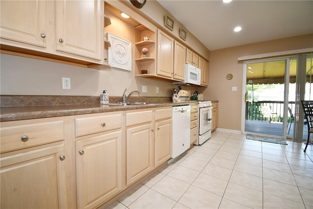 1065 Duncan Ln, Whitehall, PA 15236 - kitchen featuring white appliances, light tile patterned flooring, light brown cabinets, recessed lighting, and dark countertops