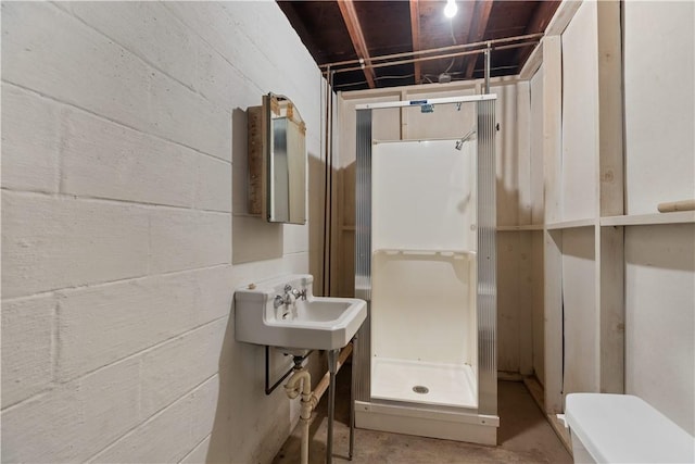 108 Dave St, Daugherty Twp, PA 15066 - full bathroom featuring a stall shower, concrete flooring, and concrete block wall