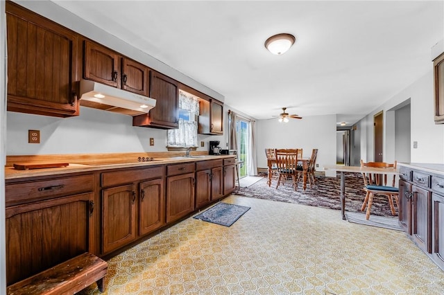 304 Wirsing Rd, Wharton Twp, PA 15440 - kitchen featuring under cabinet range hood, ceiling fan, light countertops, black electric stovetop, and light carpet