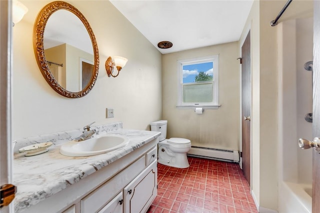 304 Wirsing Rd, Wharton Twp, PA 15440 - bathroom with a baseboard heating unit, brick patterned floors, vanity, and vaulted ceiling