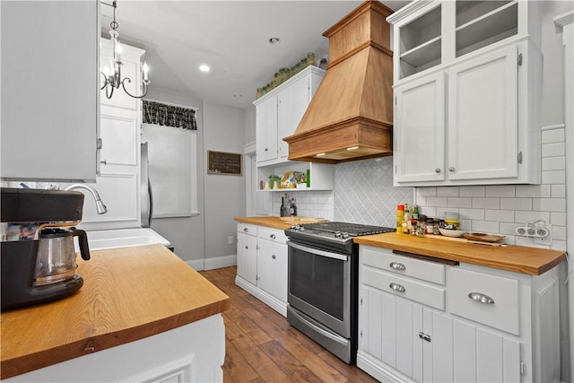 1246 Clairhaven St, Crafton Heights, PA 15205 - kitchen featuring gas range, custom range hood, tasteful backsplash, open shelves, and white cabinets
