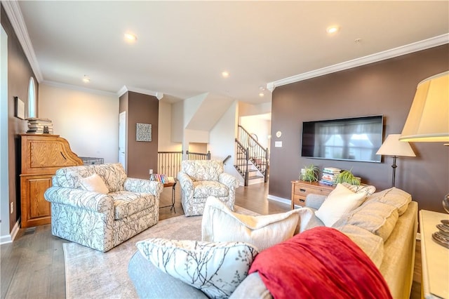 812 Theda Dori St, Cranberry Twp, PA 16066 - living area featuring ornamental molding, wood finished floors, recessed lighting, and stairs