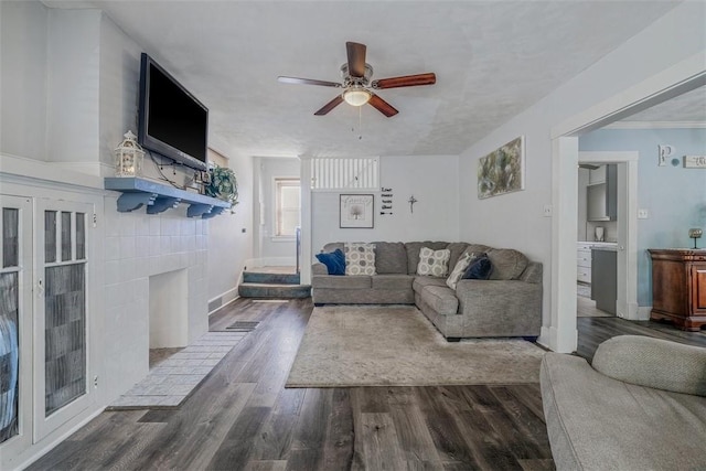 432 Kenmont Ave, Mt Lebanon, PA 15228 - living area featuring a ceiling fan, wood finished floors, and a large fireplace