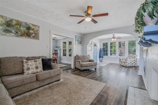 432 Kenmont Ave, Mt Lebanon, PA 15228 - living area featuring arched walkways, ceiling fan, and wood-type flooring