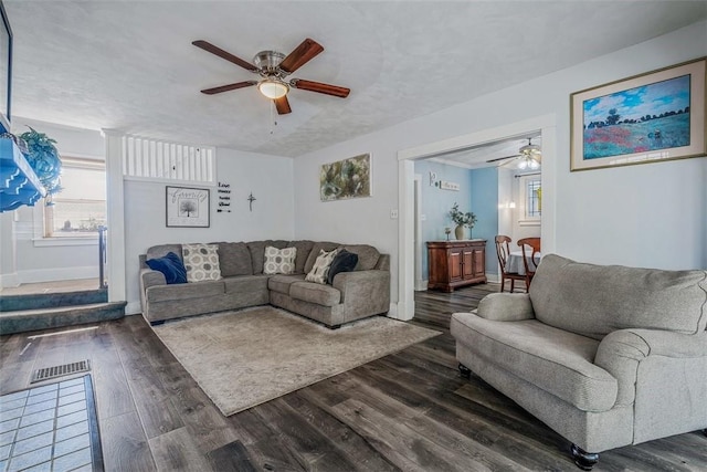 432 Kenmont Ave, Mt Lebanon, PA 15228 - living room with ceiling fan and dark wood-style floors