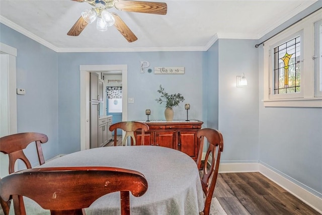 432 Kenmont Ave, Mt Lebanon, PA 15228 - dining area with dark wood-style flooring, ceiling fan, and ornamental molding
