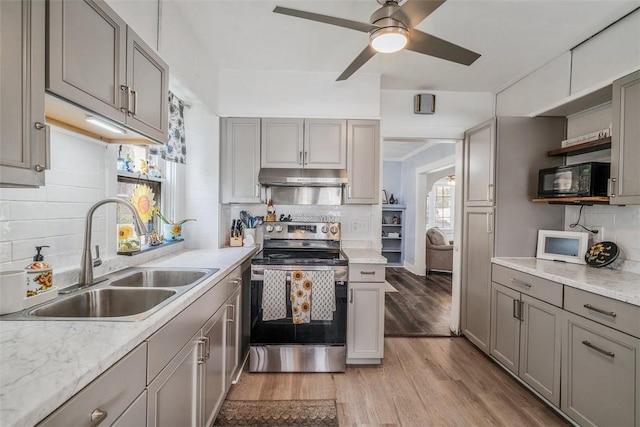 432 Kenmont Ave, Mt Lebanon, PA 15228 - kitchen featuring electric range, open shelves, gray cabinetry, and backsplash