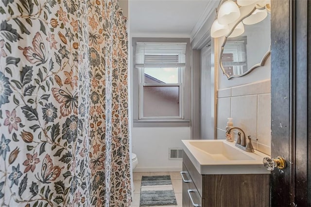 432 Kenmont Ave, Mt Lebanon, PA 15228 - bathroom featuring ornamental molding, tile patterned flooring, vanity, and a shower with curtain