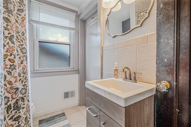 432 Kenmont Ave, Mt Lebanon, PA 15228 - bathroom featuring tile patterned flooring, crown molding, and vanity