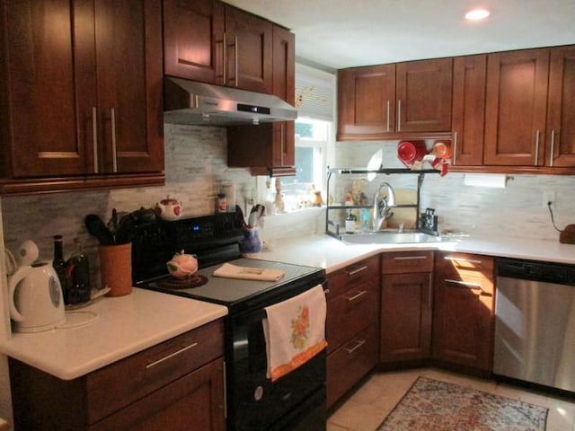 5025 Bocktown Rd, Hopewell Twp, PA 15001 - kitchen featuring dishwasher, under cabinet range hood, black electric range oven, backsplash, and light countertops