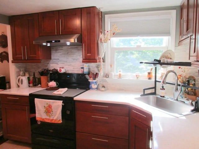 5025 Bocktown Rd, Hopewell Twp, PA 15001 - kitchen featuring electric range, under cabinet range hood, decorative backsplash, and light countertops