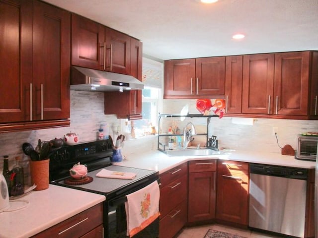 5025 Bocktown Rd, Hopewell Twp, PA 15001 - kitchen featuring dishwasher, under cabinet range hood, black range with electric stovetop, tasteful backsplash, and light countertops