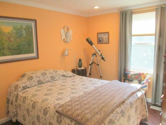 5025 Bocktown Rd, Hopewell Twp, PA 15001 - bedroom with ornamental molding, dark wood-style floors, and recessed lighting