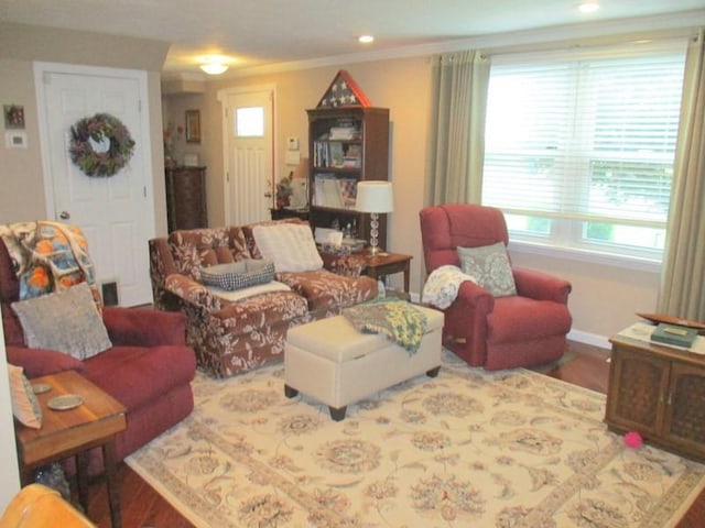 5025 Bocktown Rd, Hopewell Twp, PA 15001 - living room featuring recessed lighting, wood finished floors, and ornamental molding