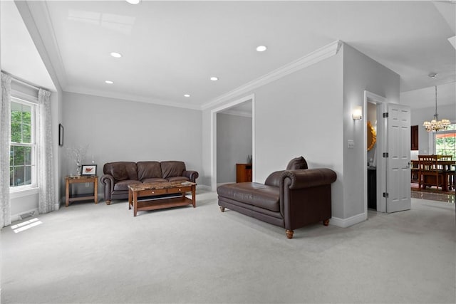 228 Highpointe Dr, Pittsburgh, PA 15220 - living room with light colored carpet, a chandelier, healthy amount of natural light, ornamental molding, and recessed lighting